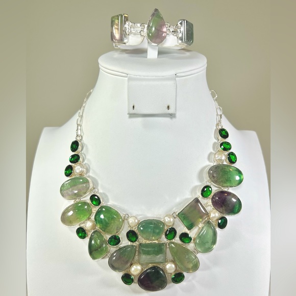 Fluorite Pearl 925 Large Gemstone Necklace & Bracelet - Picture 1 of 8